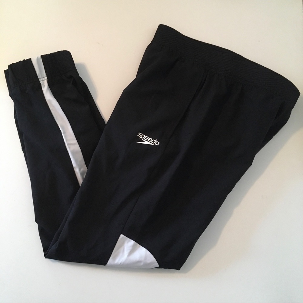 NEW! Speedo Warm Up Jogger Pants MEDIUM Mesh Lined Black w/ White Athletic